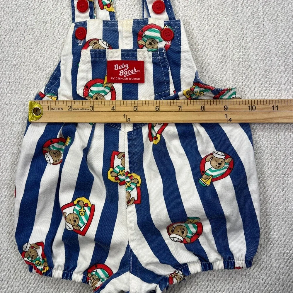 Baby OshKosh Shortall Bubble Overalls 12M Blue White Striped Sailor Bear VTG 80s